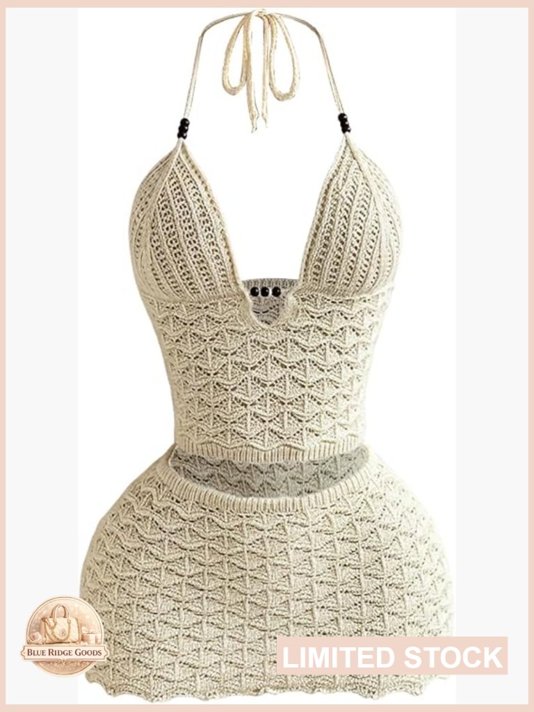 Crochet 2 Piece Outfit Halter Crop Top & Mini Skirt Set Summer Beach Vacation